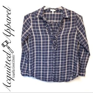 Joie Long Sleeve Blue Plaid Button Up Shirt Ruffle